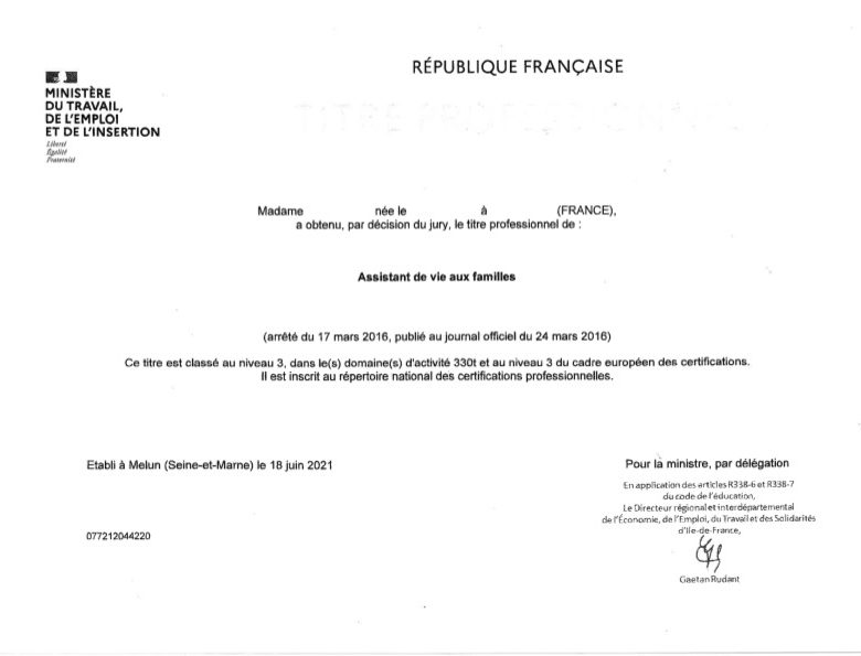 Remise de diplôme au titre ADVF, mai 2021.